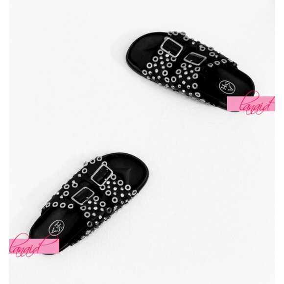 Ash Universe Slide Sandal Black Leather Studded Crystals Birks Flats Edgy Gothic - Picture 13 of 17